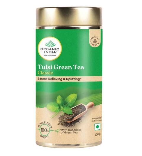 A TATA Product Tulsi Green Tea Classic Loose Leaves - 100g, Stress Relieving, Uplifts Mood, Rich in Antioxidants, Blend of Rama, Krishna & Vana, Certified Organic