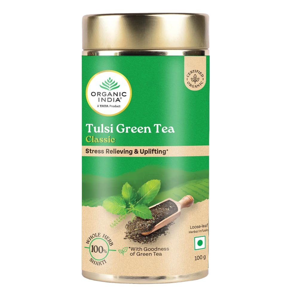 A TATA Product Tulsi Green Tea Classic Loose Leaves - 100g, Stress Relieving, Uplifts Mood, Rich in Antioxidants, Blend of Rama, Krishna & Vana, Certified Organic