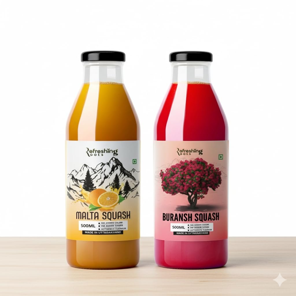Malta Squash and Buransh Squash Combo, No Added Sugar, Natural Flavors, 500ml Glass Bottles, Made in Uttarakhand - Image 2