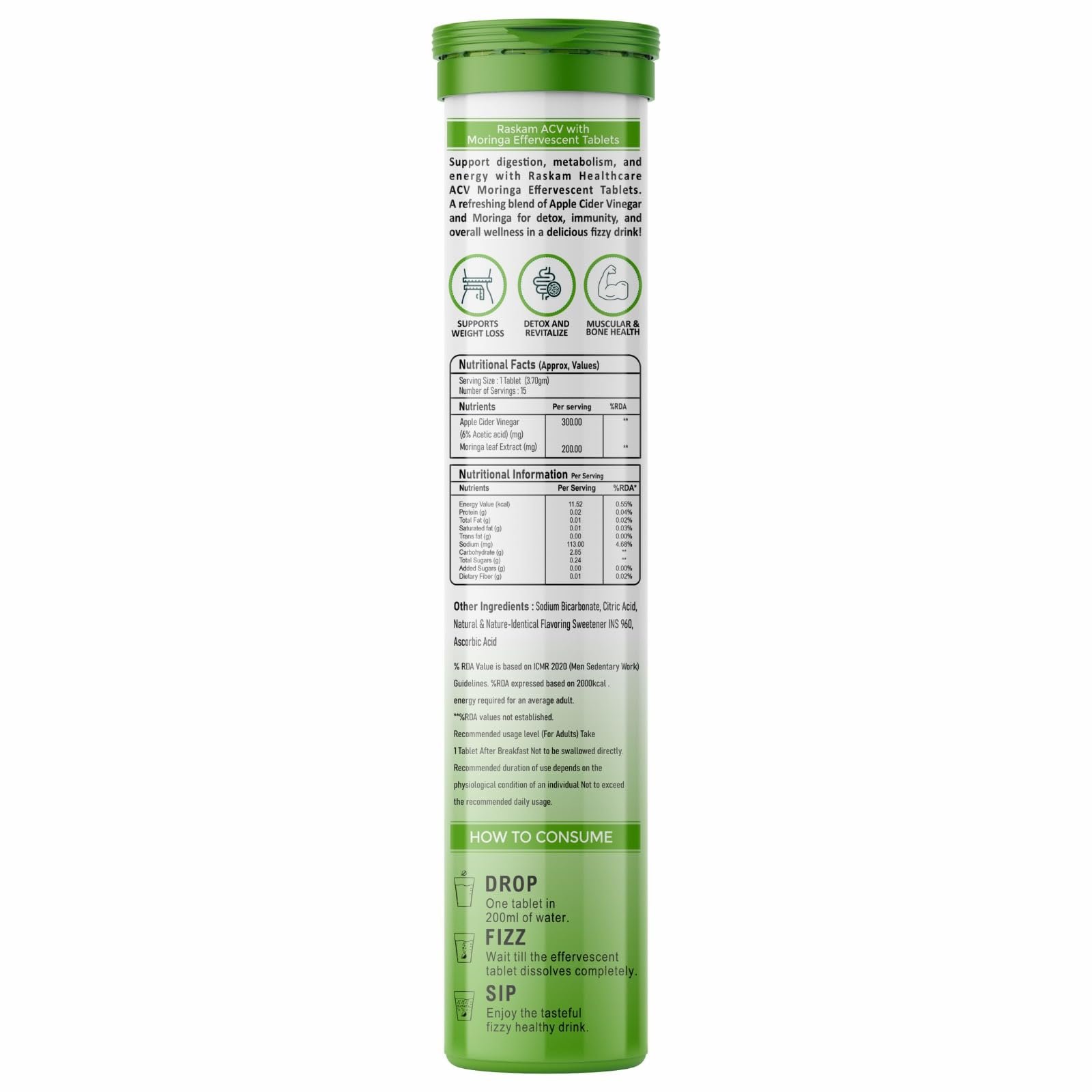 Healthcare ACV Moringa 15 Effervescent Tablets 500mg Apple Cider Vinegar With No Added Sugar For Gut Health | Immunity Booster | Weight Loss | (Pack of 4, Refreshing Green Apple Flavour) - Image 2