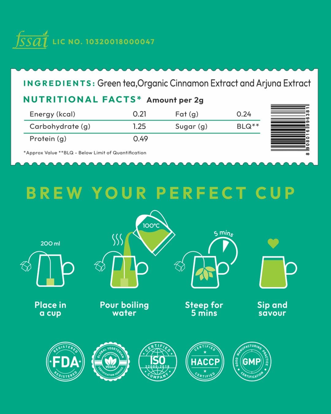 Bagless Whole Leaf Green Tea with Arjuna & Cinnamon | Naturally Grown | Rich in Antioxidants | Heart-Friendly Wellness Tea | Plastic-Free Brewing | (30 Dips/60 cups) - Image 2