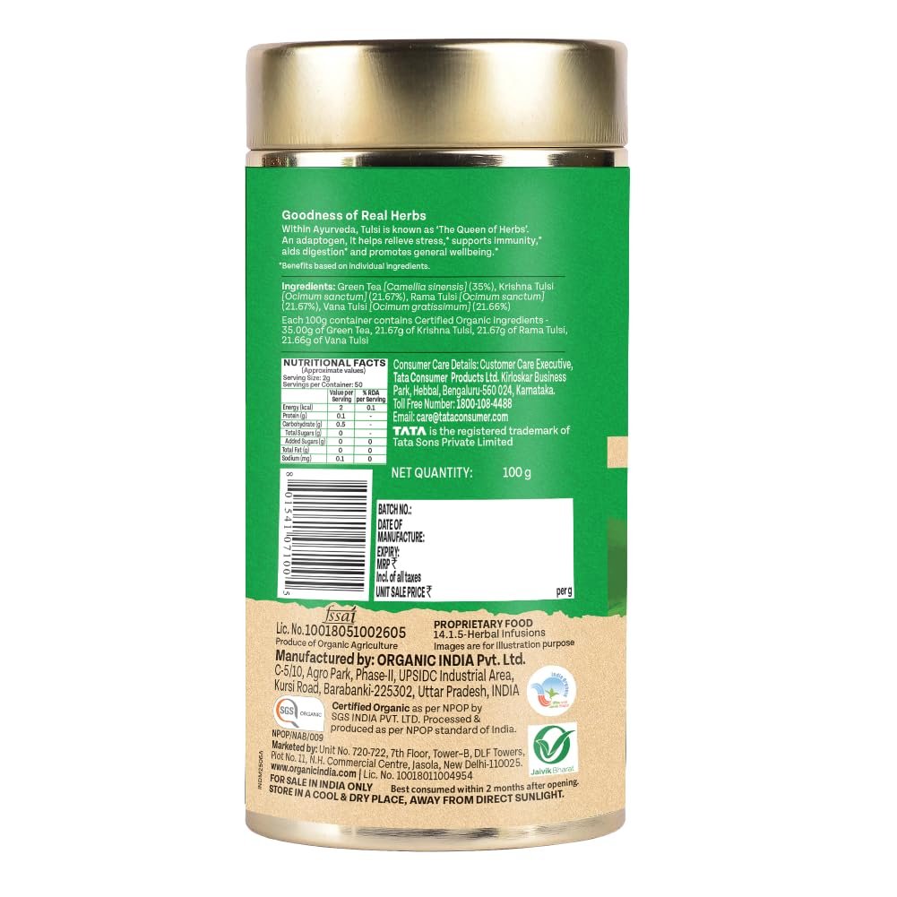 A TATA Product Tulsi Green Tea Classic Loose Leaves - 100g, Stress Relieving, Uplifts Mood, Rich in Antioxidants, Blend of Rama, Krishna & Vana, Certified Organic - Image 2