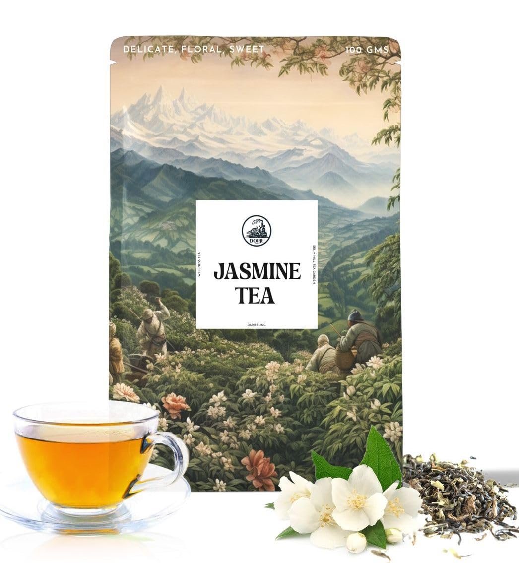 Jasmine Darjeeling Loose Tea | 100g (Pack of 1) | Selim Hill Estate | Floral Flavour with Real Jasmine Buds | Promotes Sleep & Relaxation | Organic Whole Leaf Blend | 40 Cups