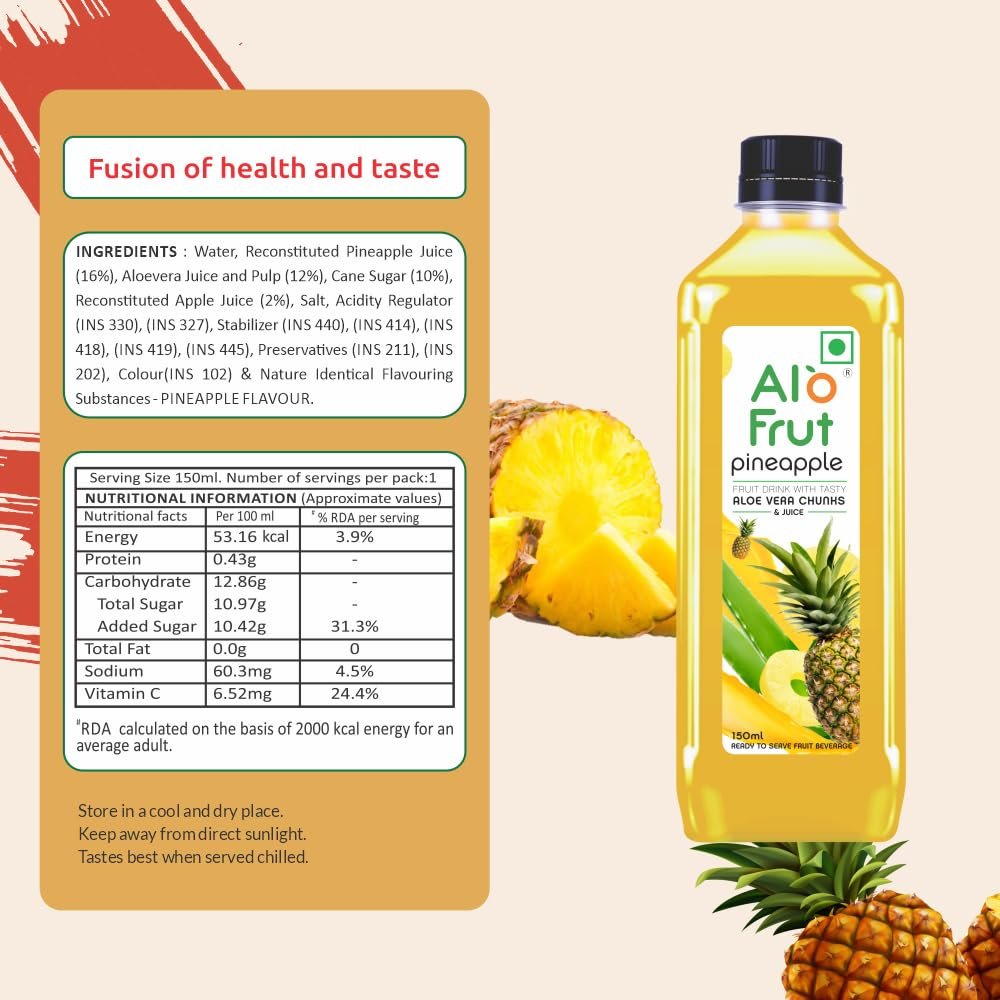 Pineapple Fruit Drink with Tasty Aloevera Chunks & Juice | Goodness of Fruits and Aloevera | Ready-to-Serve Fruit - 150 ml (Pack of 45) - Image 5