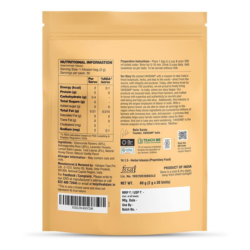Stress Balance Herbal Infusion | Chamomile, Ashwagandha & Tulsi | Eases Tension & Promotes Relaxation | Honey Vanilla Flavour | Caffeine Free | 30 Tea Bags - Image 2
