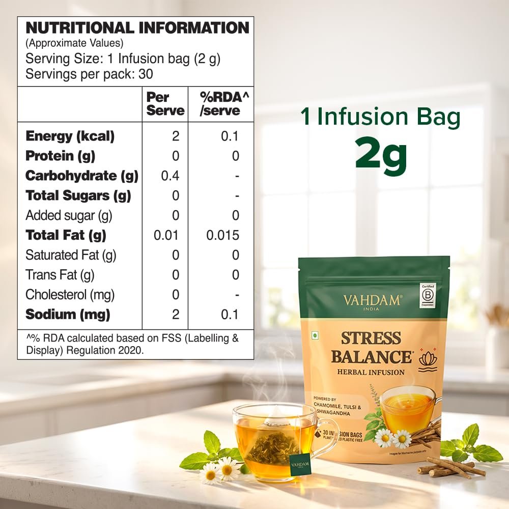 Stress Balance Herbal Infusion | Chamomile, Ashwagandha & Tulsi | Eases Tension & Promotes Relaxation | Honey Vanilla Flavour | Caffeine Free | 30 Tea Bags - Image 6