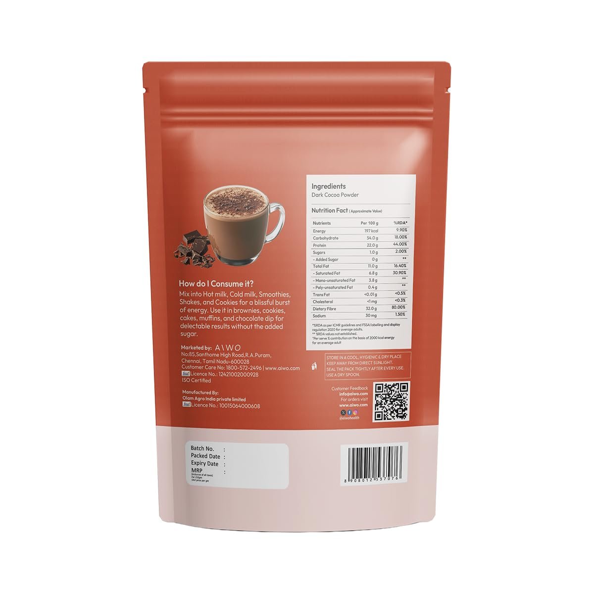 AIWO Dark Cocoa Powder Unsweetened – 250g | Pure & Raw Cocoa | Vegan, Gluten-Free | Rich in Antioxidants | For Hot Chocolate, Smoothies, Baking & Desserts - Image 8