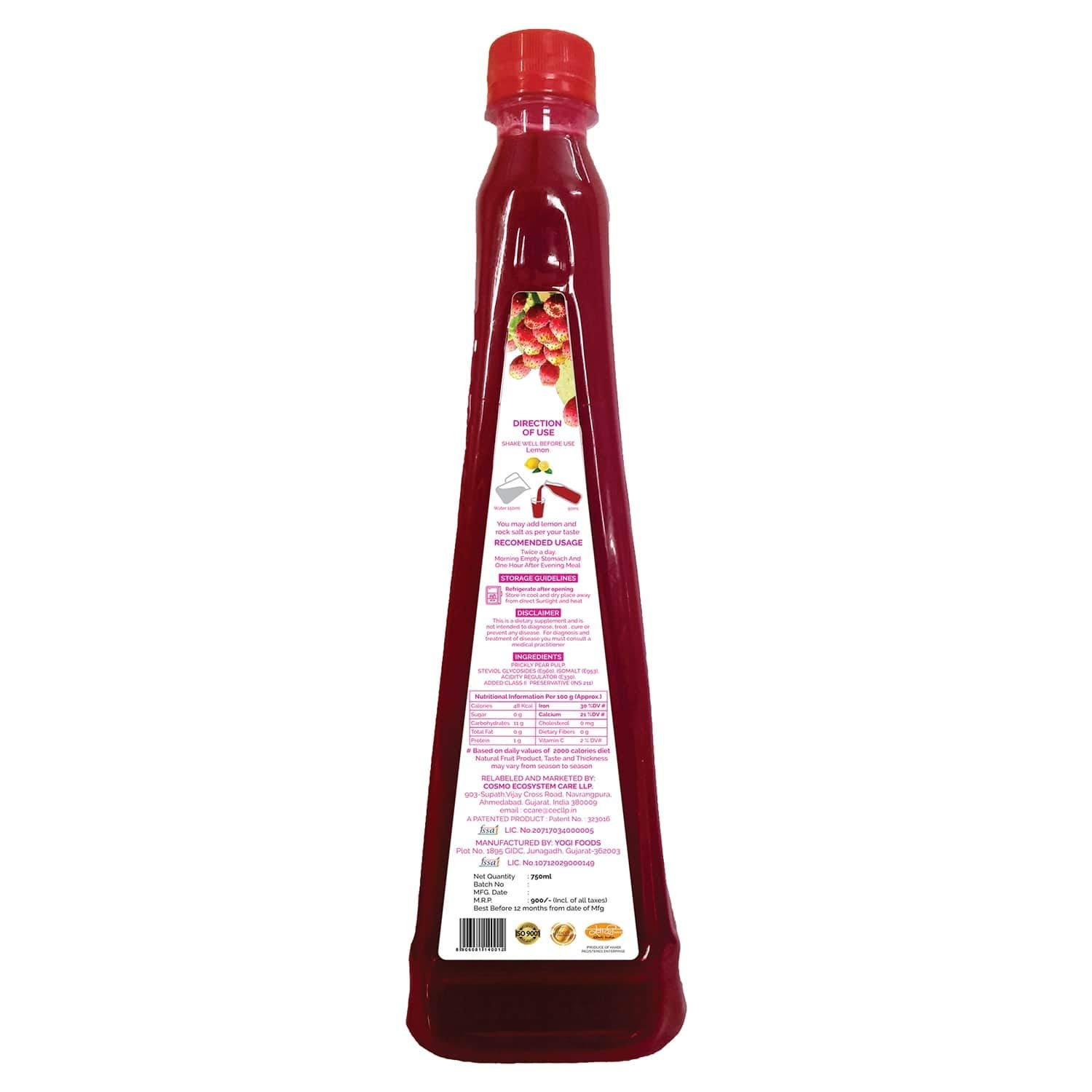 Prickly Pear Fruit Nectar Juice, Powerful Antioxidant, Sweetened with Stevia, Red, 750 ml (Pack of 4)