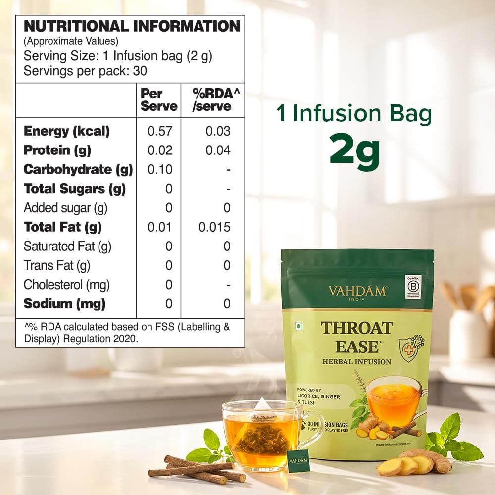 Throat Ease Herbal Infusion | Licorice (Mulethi), Ginger & Tulsi | 9-Herb Blend | Promotes Throat Soothing & Relief | Caffeine Free | Plant-Based | 30 Tea Bags - Image 2