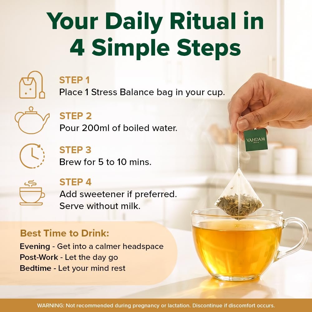 Stress Balance Herbal Infusion | Chamomile, Ashwagandha & Tulsi | Eases Tension & Promotes Relaxation | Honey Vanilla Flavour | Caffeine Free | 30 Tea Bags - Image 5