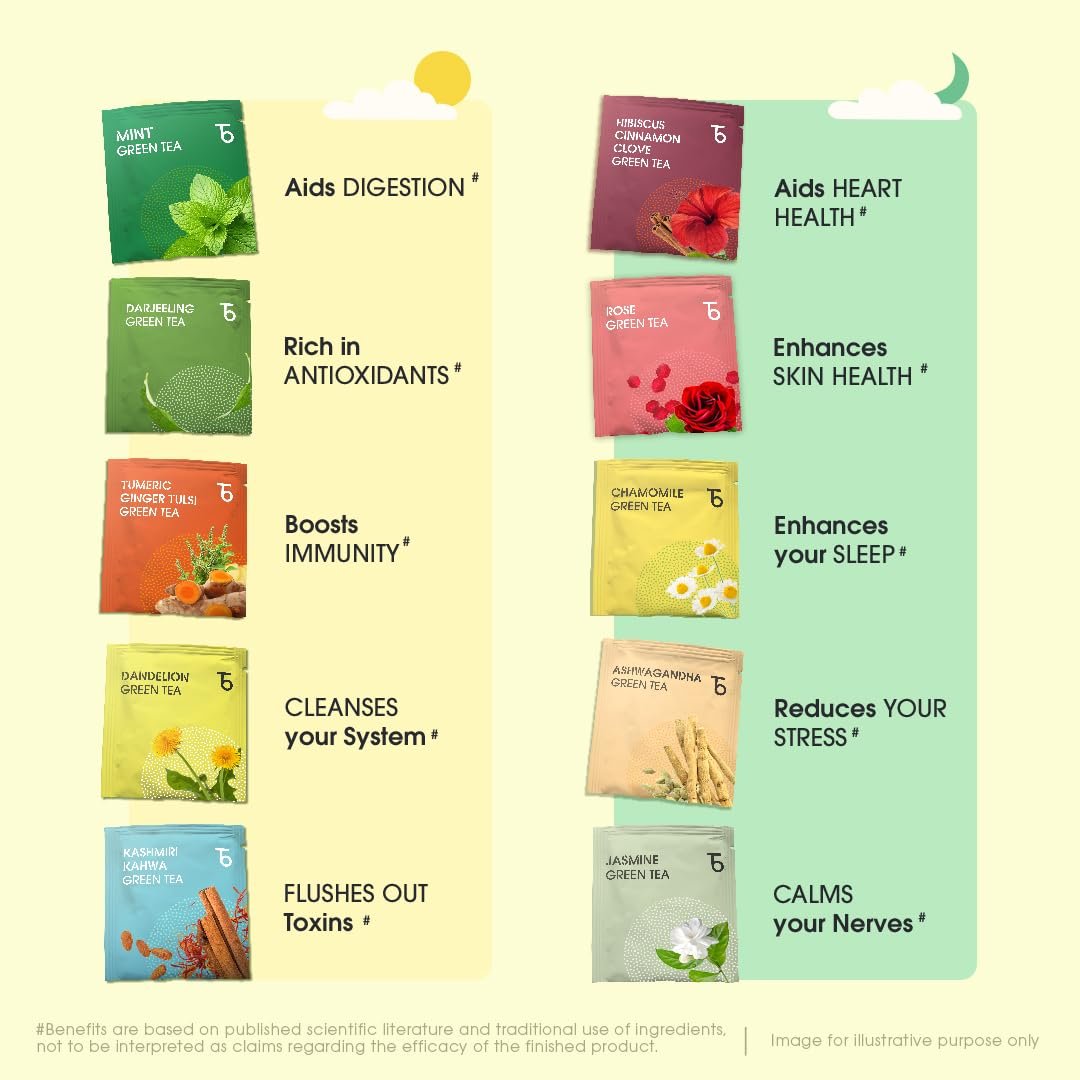 Wellness Green Tea Sampler Pack - 20 Assorted Tea Bags, 10 Flavors × 2 Each | Whole Leaf, 0% Bitterness | Green Tea Variety Pack for Every Mood - Image 3