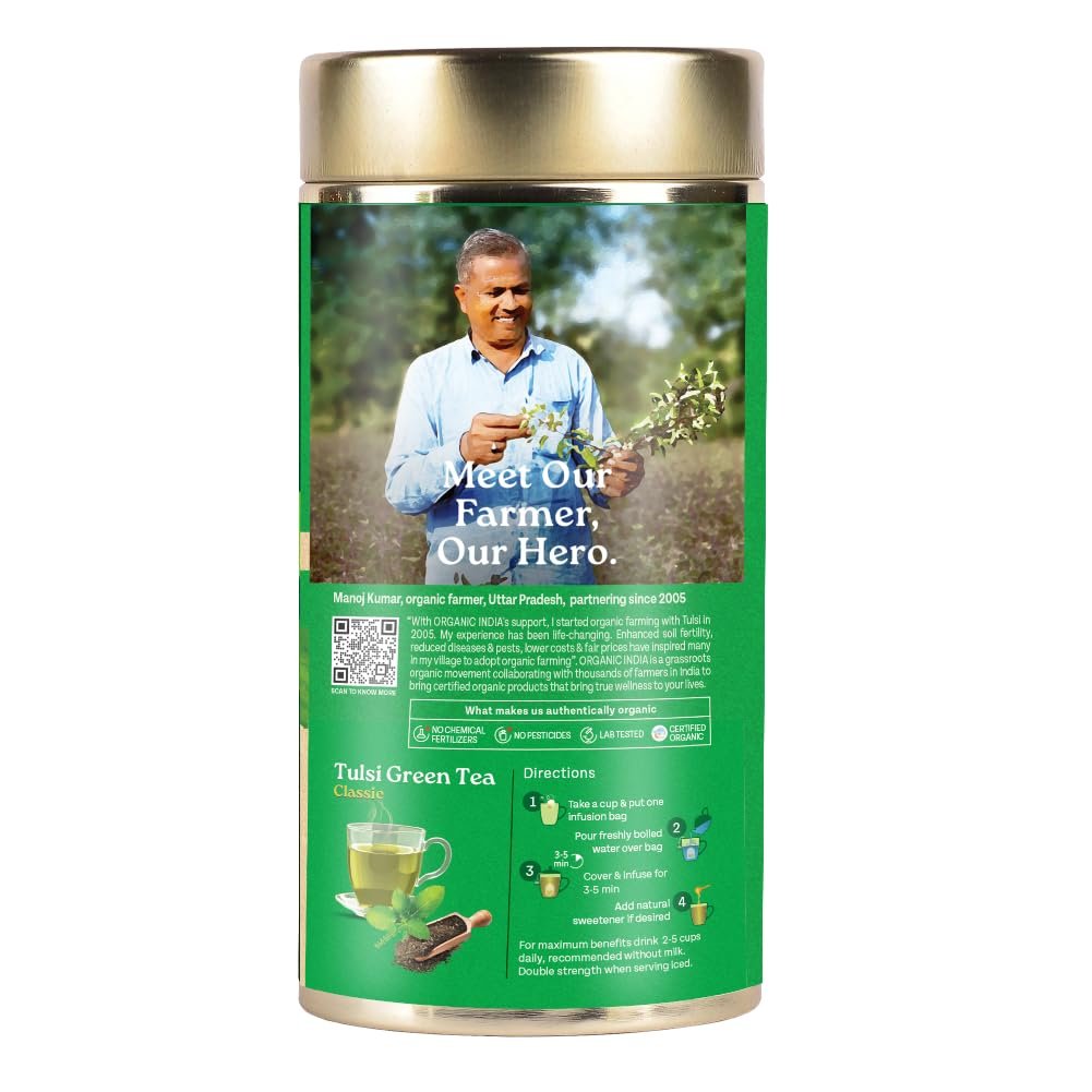 A TATA Product Tulsi Green Tea Classic Loose Leaves - 100g, Stress Relieving, Uplifts Mood, Rich in Antioxidants, Blend of Rama, Krishna & Vana, Certified Organic - Image 3