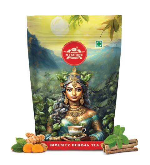 Mysooru Tea Company Immunity Herbal Tea with Green Tea Ashwagandha Turmeric Ginger Hibiscus Mint Tulsi & Black Pepper | Antioxidant Rich Wellness for Daily Health Support 50g