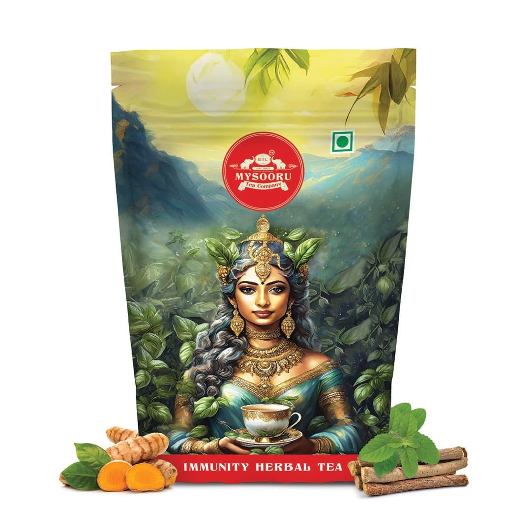 Mysooru Tea Company Immunity Herbal Tea with Green Tea Ashwagandha Turmeric Ginger Hibiscus Mint Tulsi & Black Pepper | Antioxidant Rich Wellness for Daily Health Support 50g