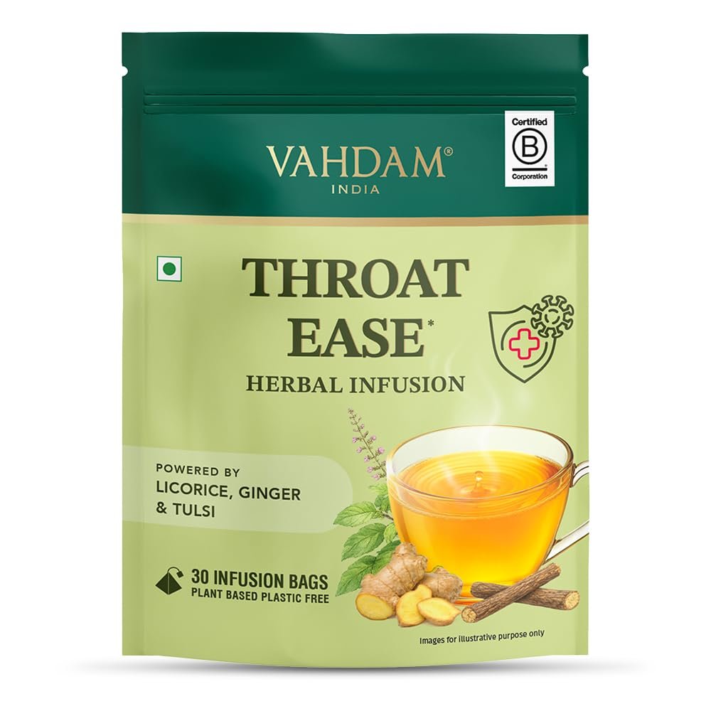 Throat Ease Herbal Infusion | Licorice (Mulethi), Ginger & Tulsi | 9-Herb Blend | Promotes Throat Soothing & Relief | Caffeine Free | Plant-Based | 30 Tea Bags