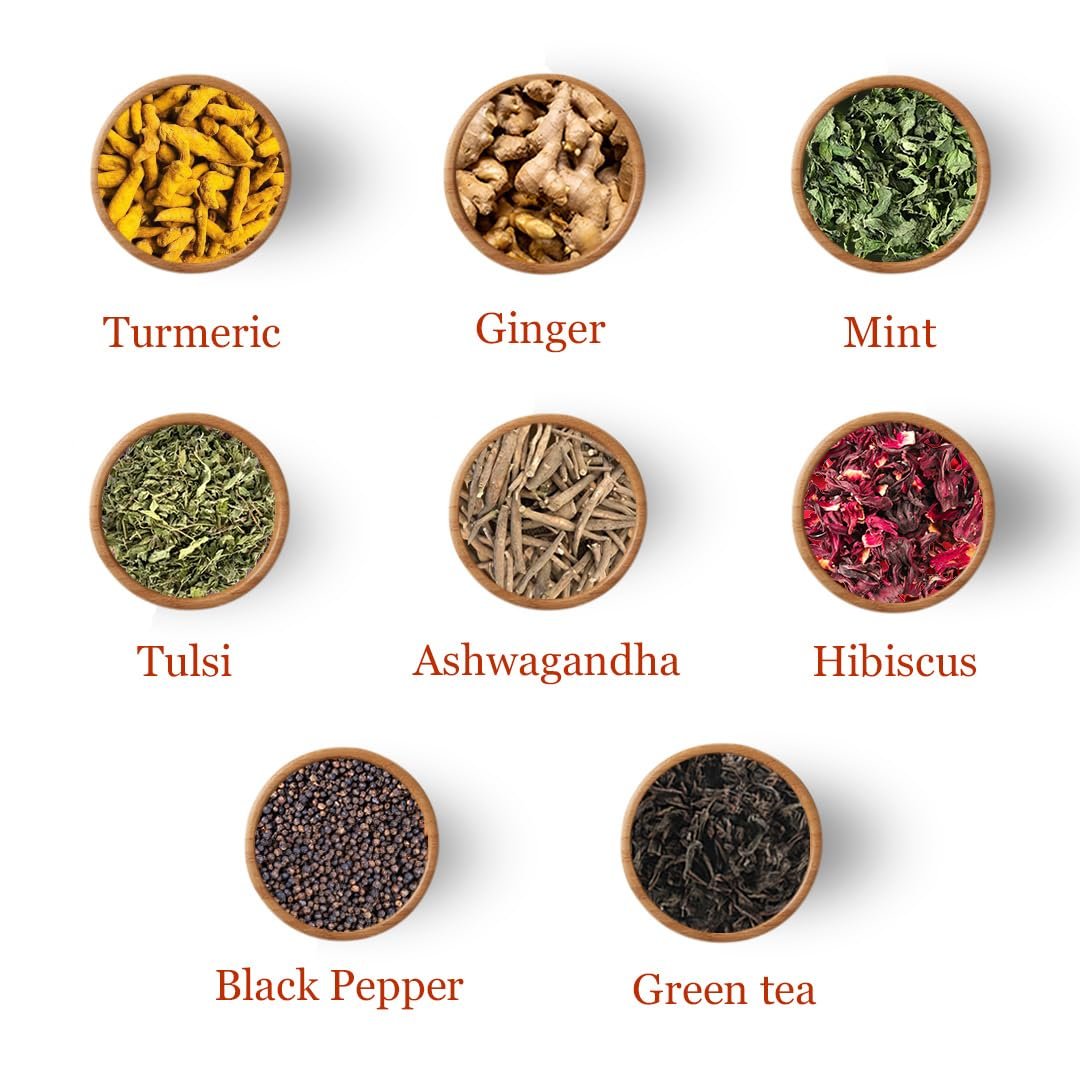 Mysooru Tea Company Immunity Herbal Tea with Green Tea Ashwagandha Turmeric Ginger Hibiscus Mint Tulsi & Black Pepper | Antioxidant Rich Wellness for Daily Health Support 50g - Image 3