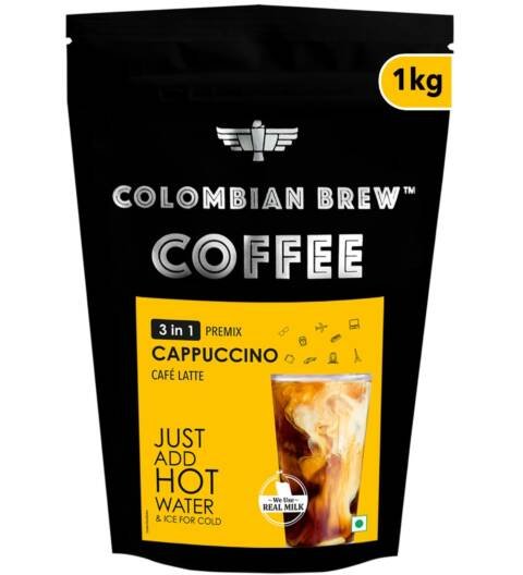 Colombian Brew 3 in 1 Cappuccino Café Latte, Instant Coffee Powder Premix 1kg Pouch