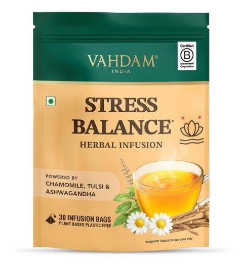Stress Balance Herbal Infusion | Chamomile, Ashwagandha & Tulsi | Eases Tension & Promotes Relaxation | Honey Vanilla Flavour | Caffeine Free | 30 Tea Bags