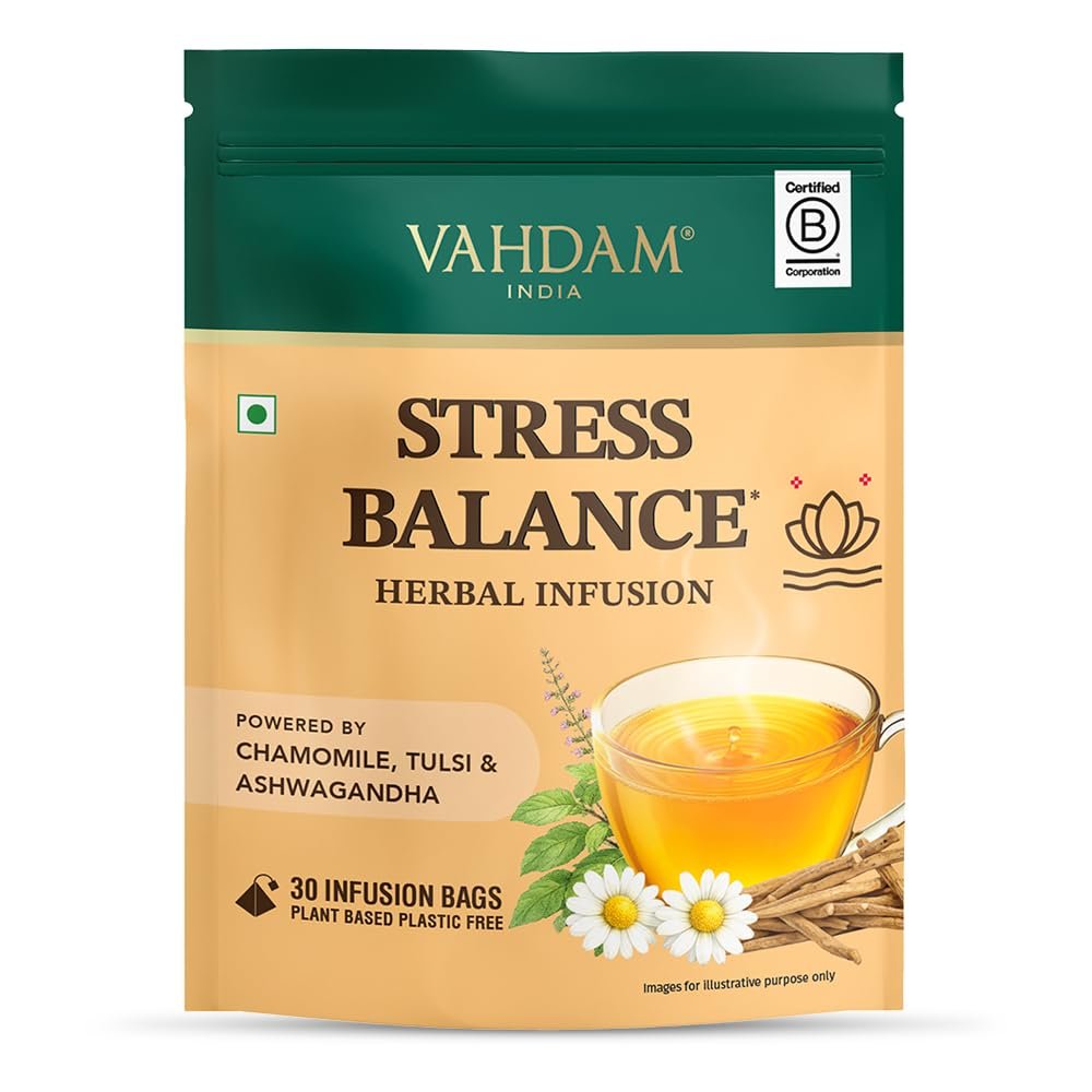Stress Balance Herbal Infusion | Chamomile, Ashwagandha & Tulsi | Eases Tension & Promotes Relaxation | Honey Vanilla Flavour | Caffeine Free | 30 Tea Bags