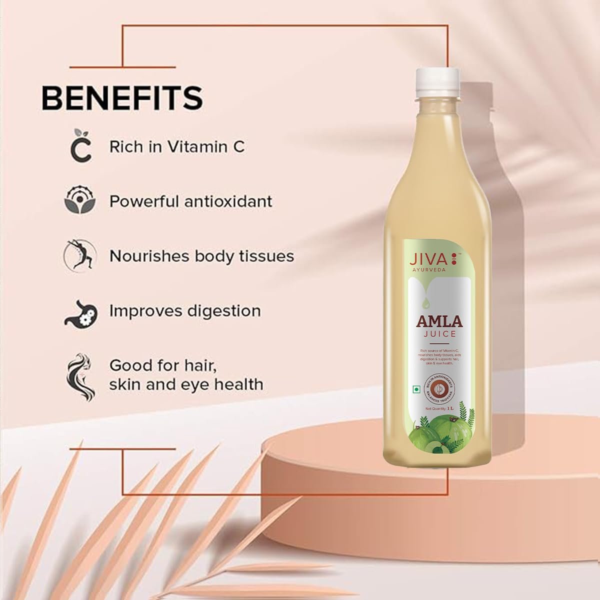 Jiva Amla Juice 1 Litre | Improves Digestion, Boosts Immunity, Promotes Healthy Hair & Skin | Cold Pressed Fresh Amlas, Rich in Vitamin C & Antioxidants, With No Artificial Flavours (Pack of 1) - Image 3