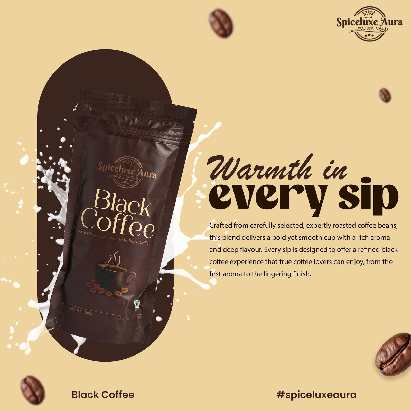 Black Coffee Powder, Premium Roasted Coffee Beans, Bold Rich Flavor, 200g, Natural Energy Boost with Antioxidants - Image 2