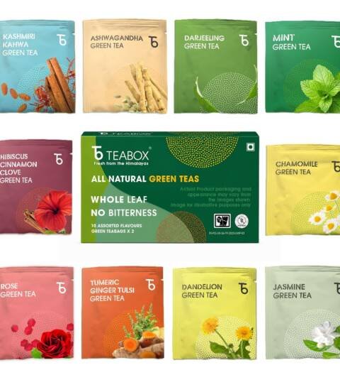 Teabox Wellness Green Tea Sampler Pack - 20 Assorted Tea Bags, 10 Flavors × 2 Each | Whole Leaf, 0% Bitterness | Green Tea Variety Pack for Every Mood