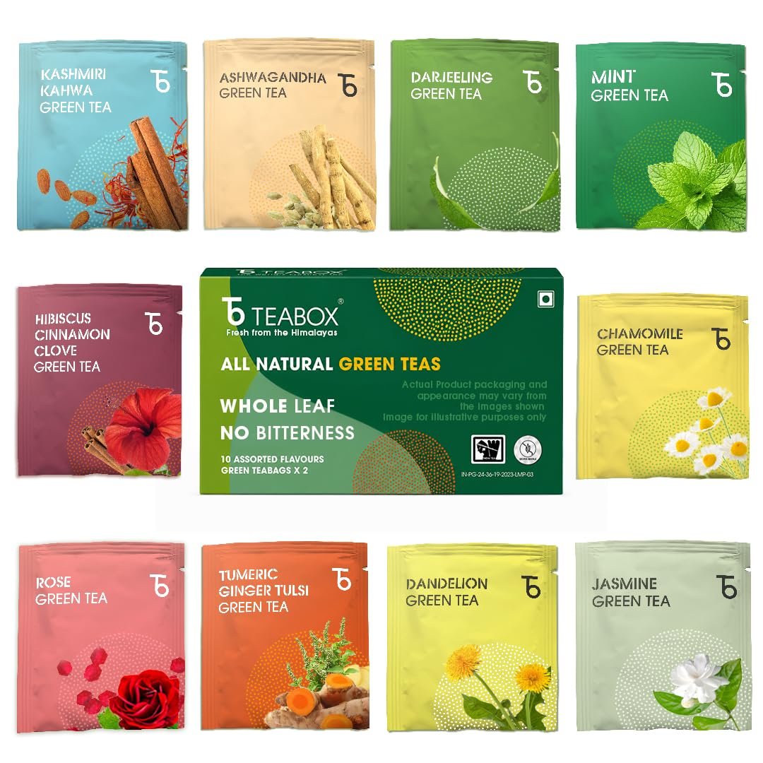 Wellness Green Tea Sampler Pack - 20 Assorted Tea Bags, 10 Flavors × 2 Each | Whole Leaf, 0% Bitterness | Green Tea Variety Pack for Every Mood