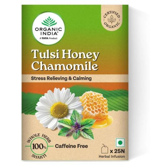 A TATA Product Tulsi Honey Chamomile Infusion - 25 Tea Bags, Certified Organic, Stress Relief, Calming, Promotes Sleep, Caffeine-Free