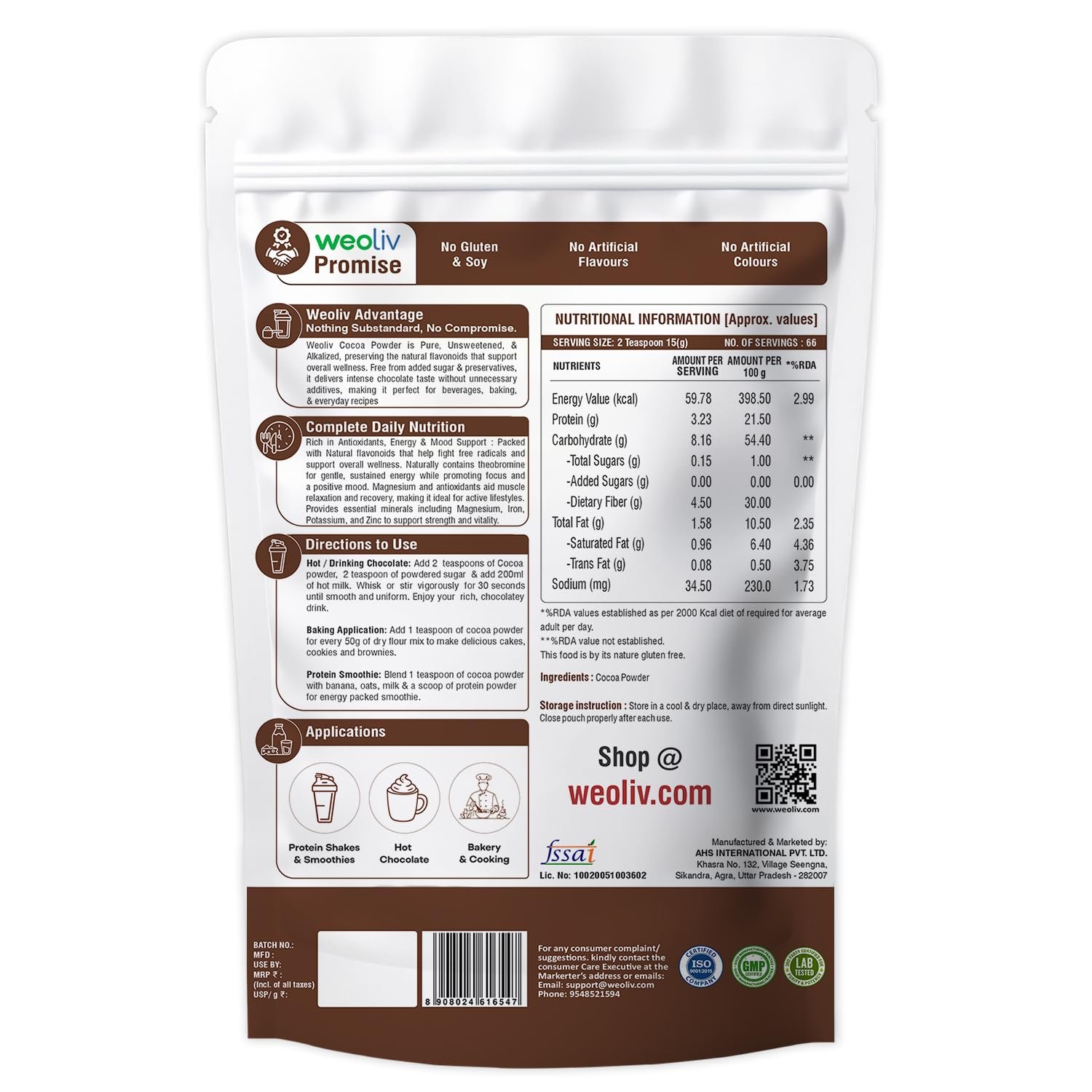 Unsweetened Cocoa Powder | Pure & Natural | Cocoa Powder for Cakes, Baking & Desserts | Hot Chocolate & Milkshakes | 1 kg - Image 2