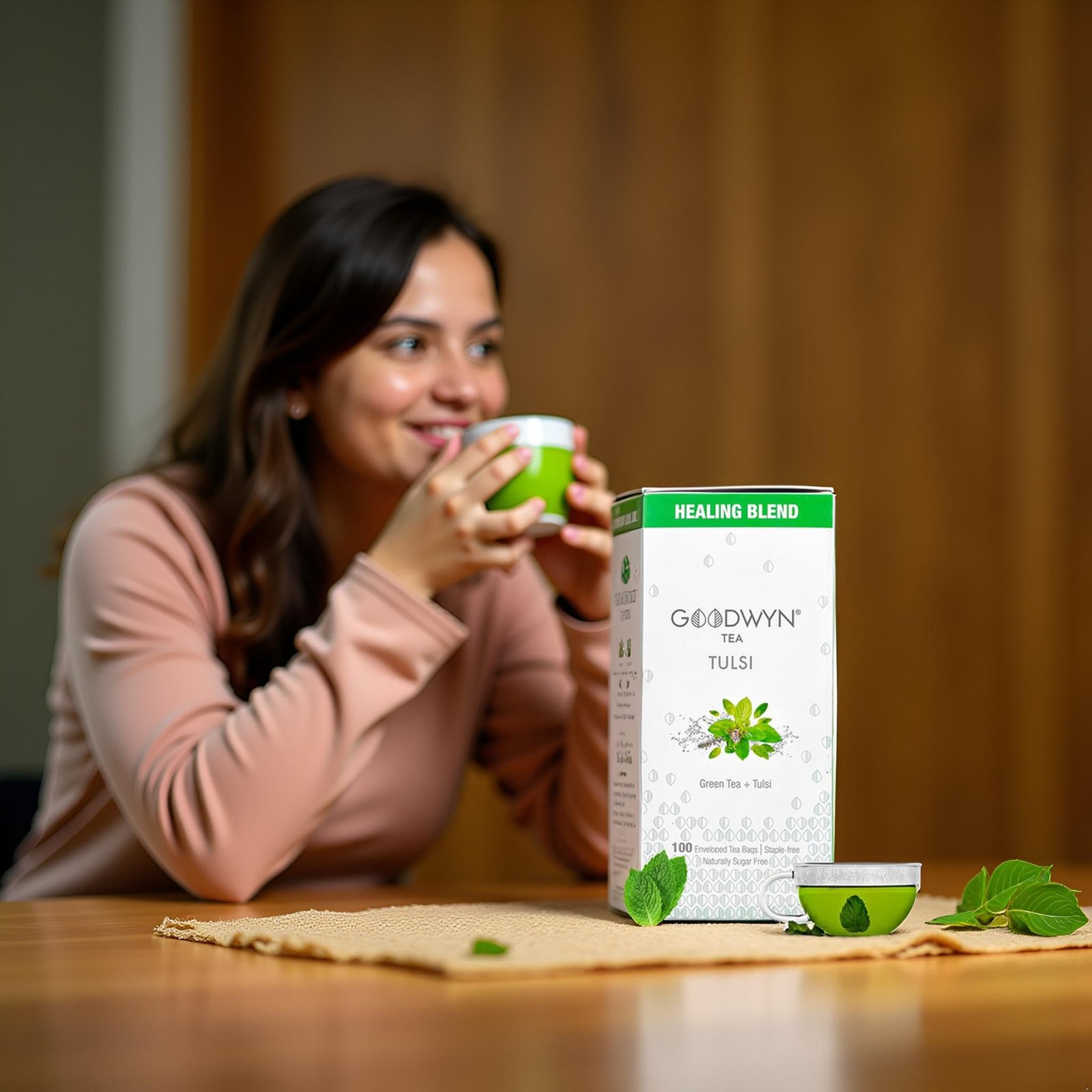 Tulsi Green Tea (100 Tea Bags) | De-stressing and Soothing | Low Caffeine Herbal Tea | Non Bitter | Plastic Free Tea Bags - Image 4