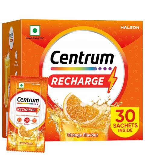 Recharge Energy Drink Mix with Vitamins & Minerals | For Energy, Hydration & Immunity | Vit. C, Vit. B12, Electrolytes, Magnesium, Biotin, Zinc & More | Orange Flavour - Pack of 30 Sachets