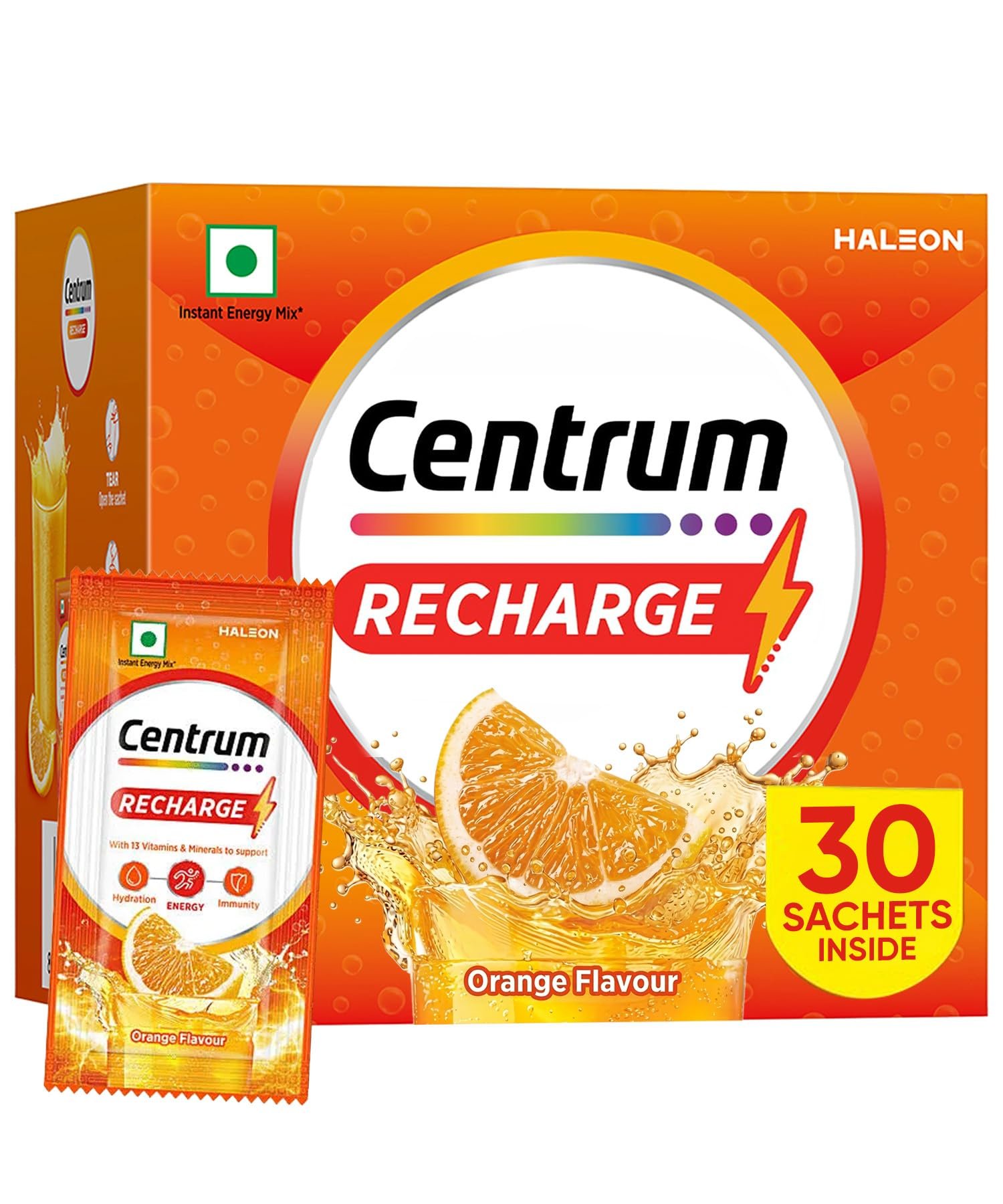 Recharge Energy Drink Mix with Vitamins & Minerals | For Energy, Hydration & Immunity | Vit. C, Vit. B12, Electrolytes, Magnesium, Biotin, Zinc & More | Orange Flavour - Pack of 30 Sachets