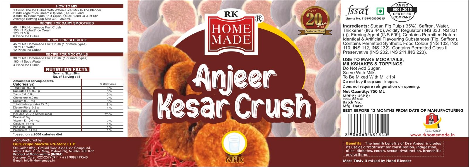 Anjeer Kesar Fruit Squash Syrup 750ml | Gluten-Free, Vegan & Low Fat Fig & Saffron Milk Sharbat Concentrate | Natural Fruit Drink Mix | Falooda, Milkshake, Dessert Topping | Homemade Style Health Drink - Image 4