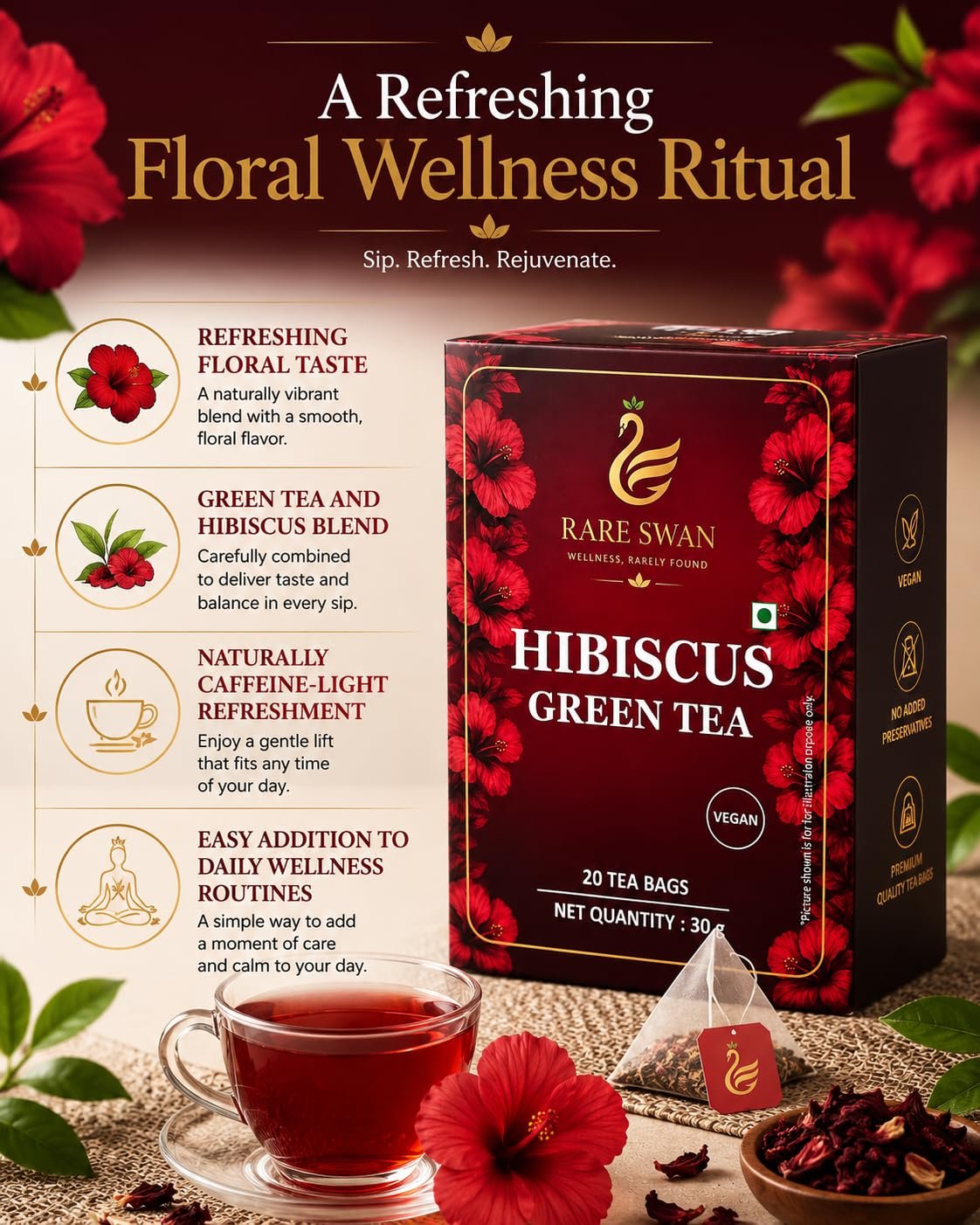 Hibiscus Green Tea 30g | Hibiscus Flower & Green Tea Blend | Floral & Refreshing Infusion | Vegan | No Added Preservatives - Image 2