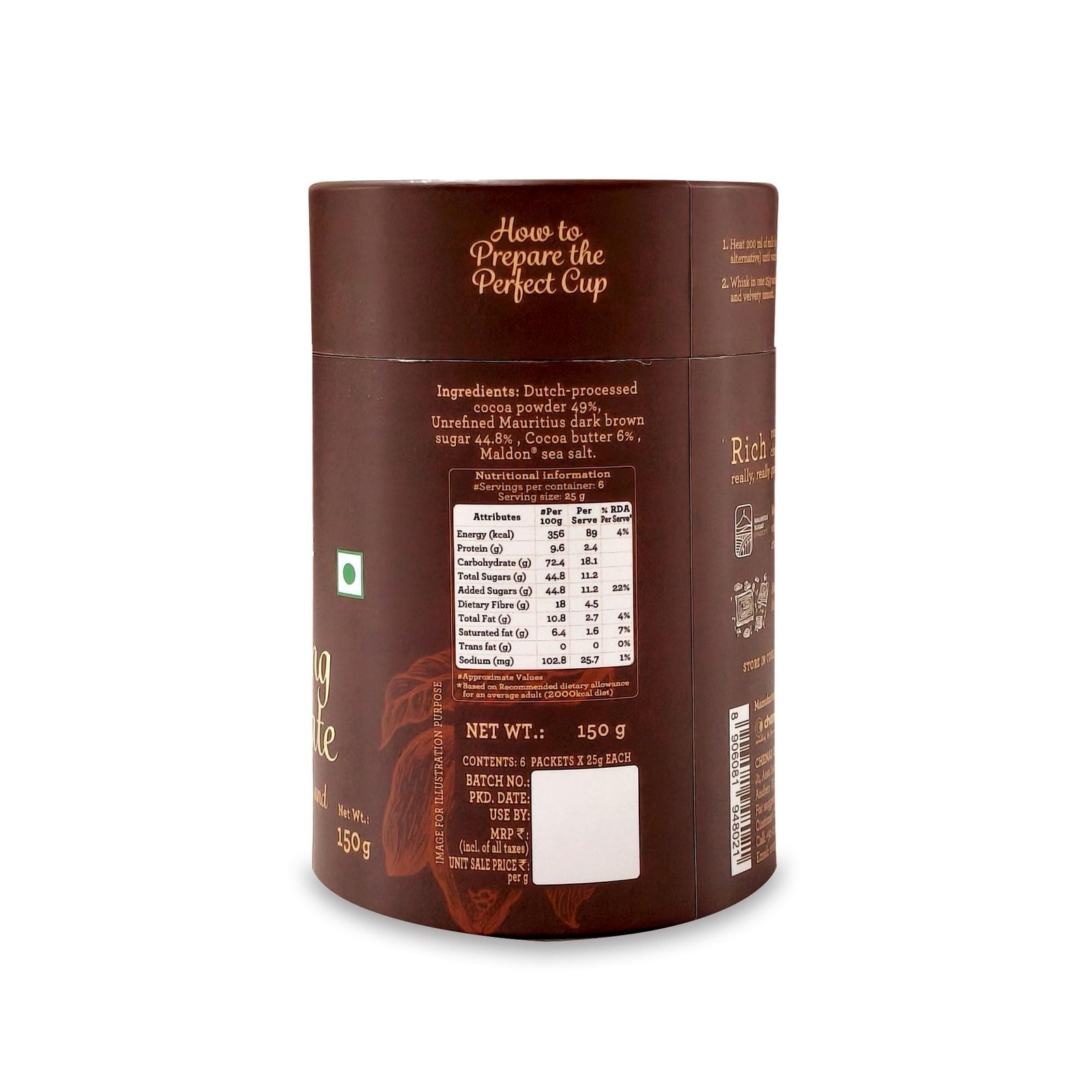 Drinking Chocolate | 55% Cocoa | Dark, Creamy & Indulgent | Premium Hot Chocolate Mix with Cocoa Butter, Unrefined Mauritius Dark Brown Sugar & Maldon Sea Salt | No Fillers No milk powder | 150g (6 x 25g Sachets) | Christmas Gifting - Image 8