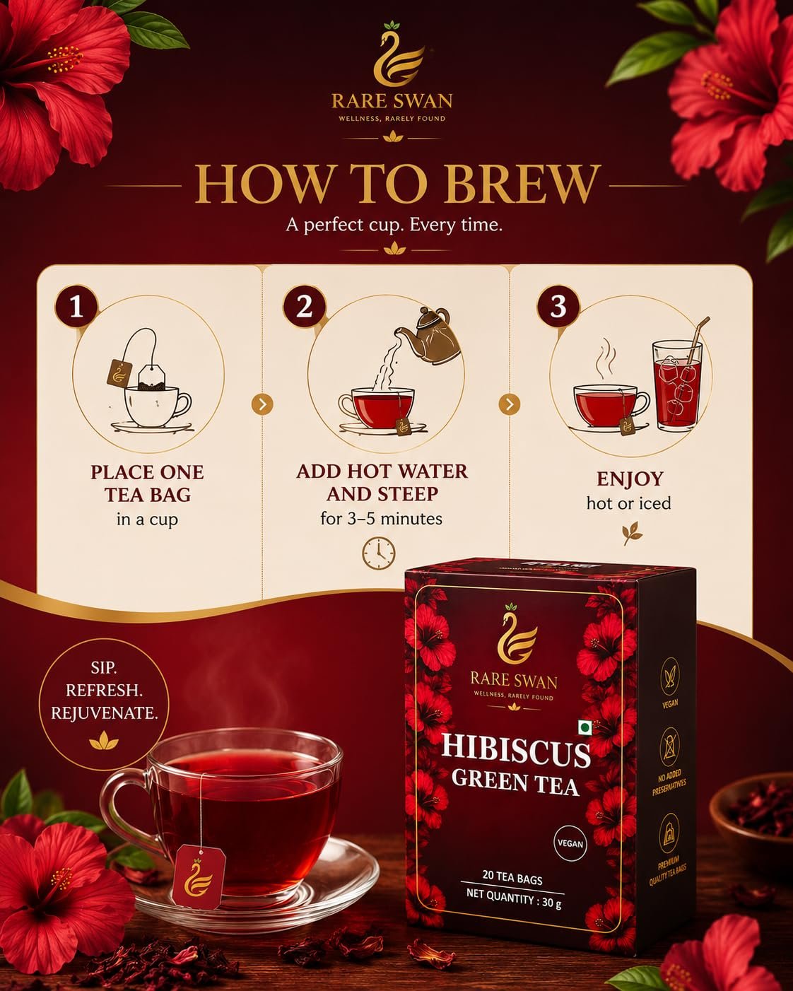 Hibiscus Green Tea 30g | Hibiscus Flower & Green Tea Blend | Floral & Refreshing Infusion | Vegan | No Added Preservatives - Image 3