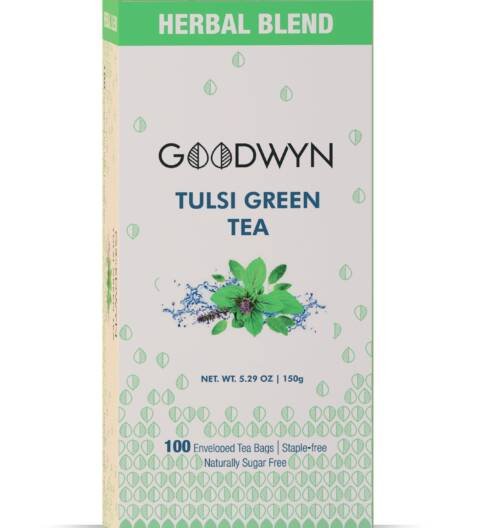 Tulsi Green Tea (100 Tea Bags) | De-stressing and Soothing | Low Caffeine Herbal Tea | Non Bitter | Plastic Free Tea Bags