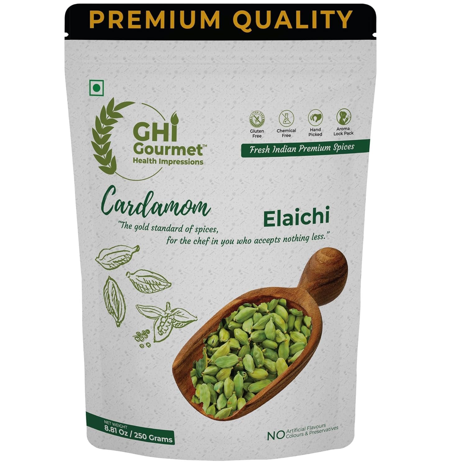 250g | Superior Grade Whole Green Cardamom (Elaichi) | 8MM Bold Size | Aromatic Green Pods, Non-GMO - Perfect for Culinary & Aromatic Uses | GHI Foods
