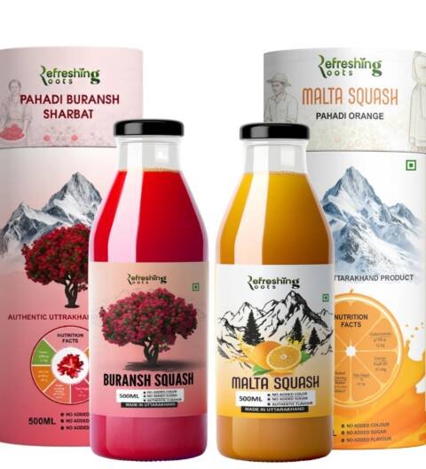 Refreshing Roots Malta Squash and Buransh Squash Combo, No Added Sugar, Natural Flavors, 500ml Glass Bottles, Made in Uttarakhand
