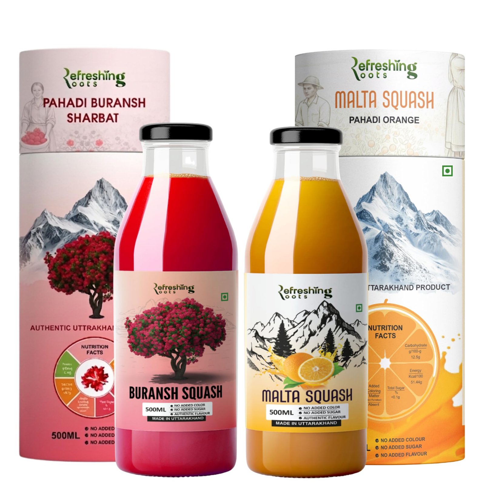 Malta Squash and Buransh Squash Combo, No Added Sugar, Natural Flavors, 500ml Glass Bottles, Made in Uttarakhand
