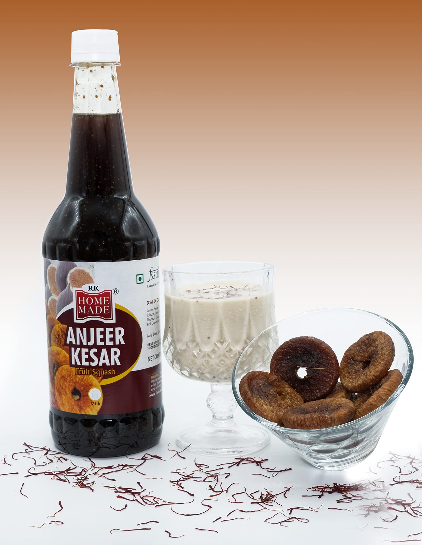 Anjeer Kesar Fruit Squash Syrup 750ml | Gluten-Free, Vegan & Low Fat Fig & Saffron Milk Sharbat Concentrate | Natural Fruit Drink Mix | Falooda, Milkshake, Dessert Topping | Homemade Style Health Drink