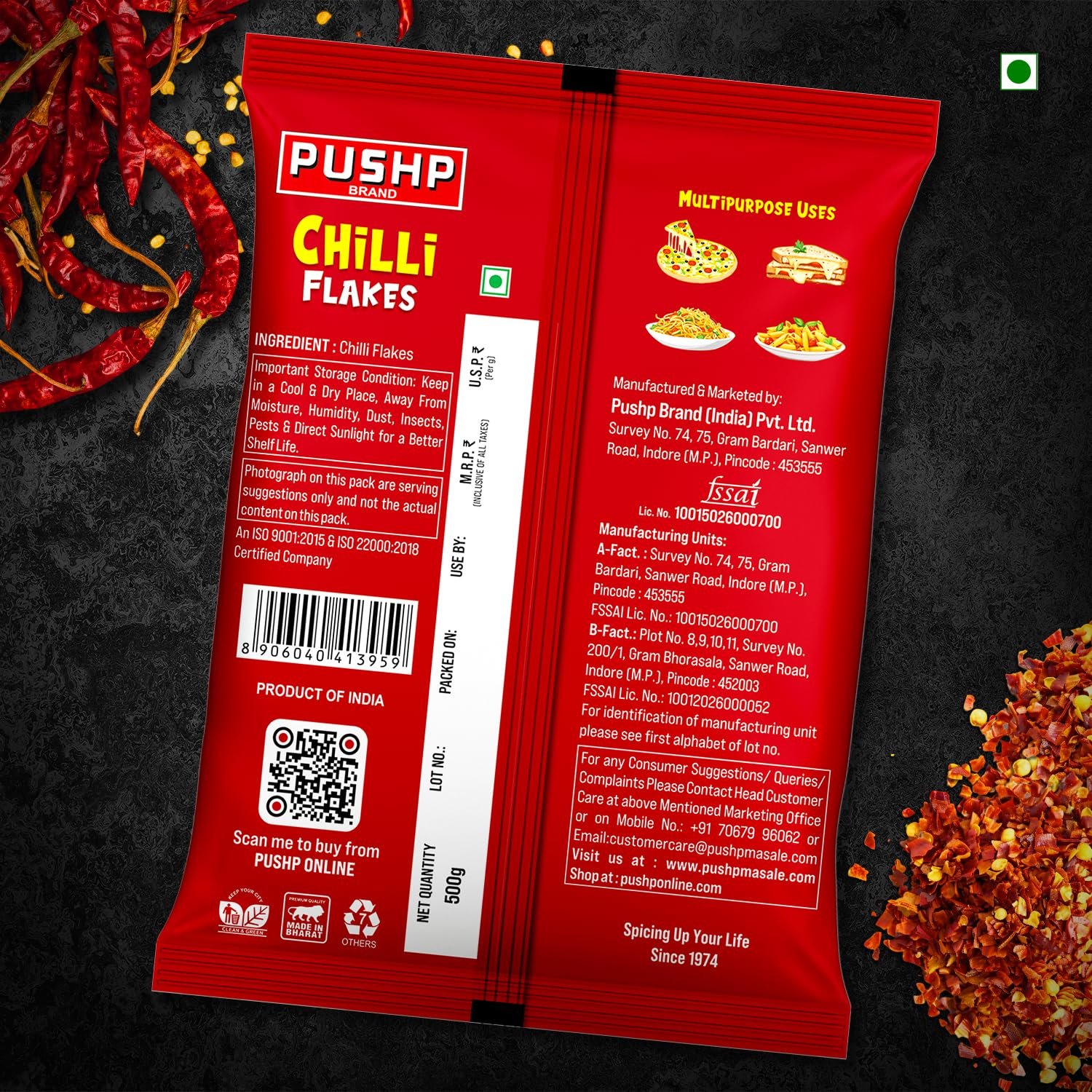 Pushp Chilli Flakes | 500g Pouch | Premium Spicy Seasoning for Pizza, Pasta & Cooking Toppings (Pack of 1) - Image 3