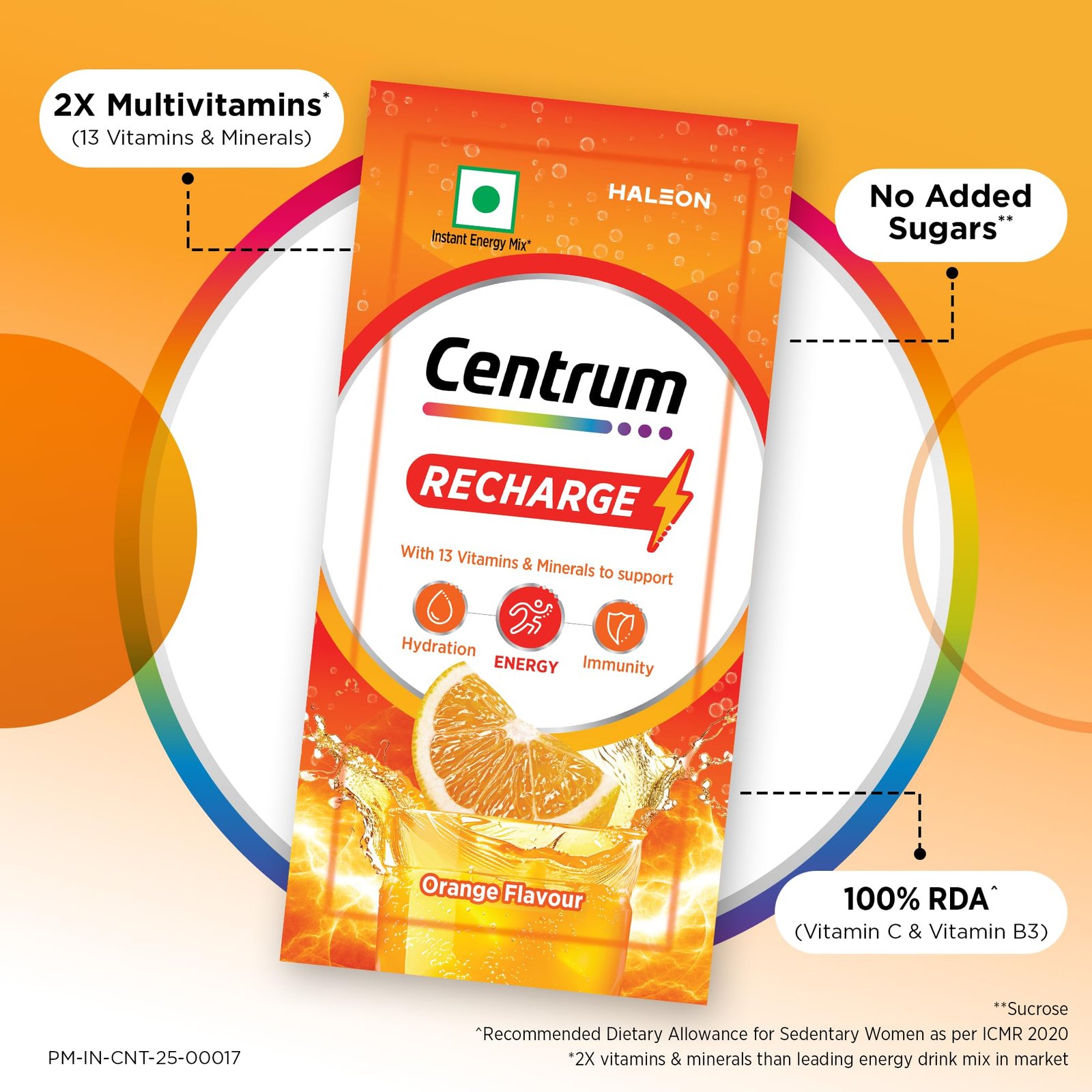 Recharge: Tasty Orange Flavoured Powder Drink Mix | No Added Sugar| Instant Energy & Hydration | 13 Vitamins & Minerals | Boosts Immunity | Vitamin B, C, Zinc, Magnesium | Pack of 36 sachets - Image 4