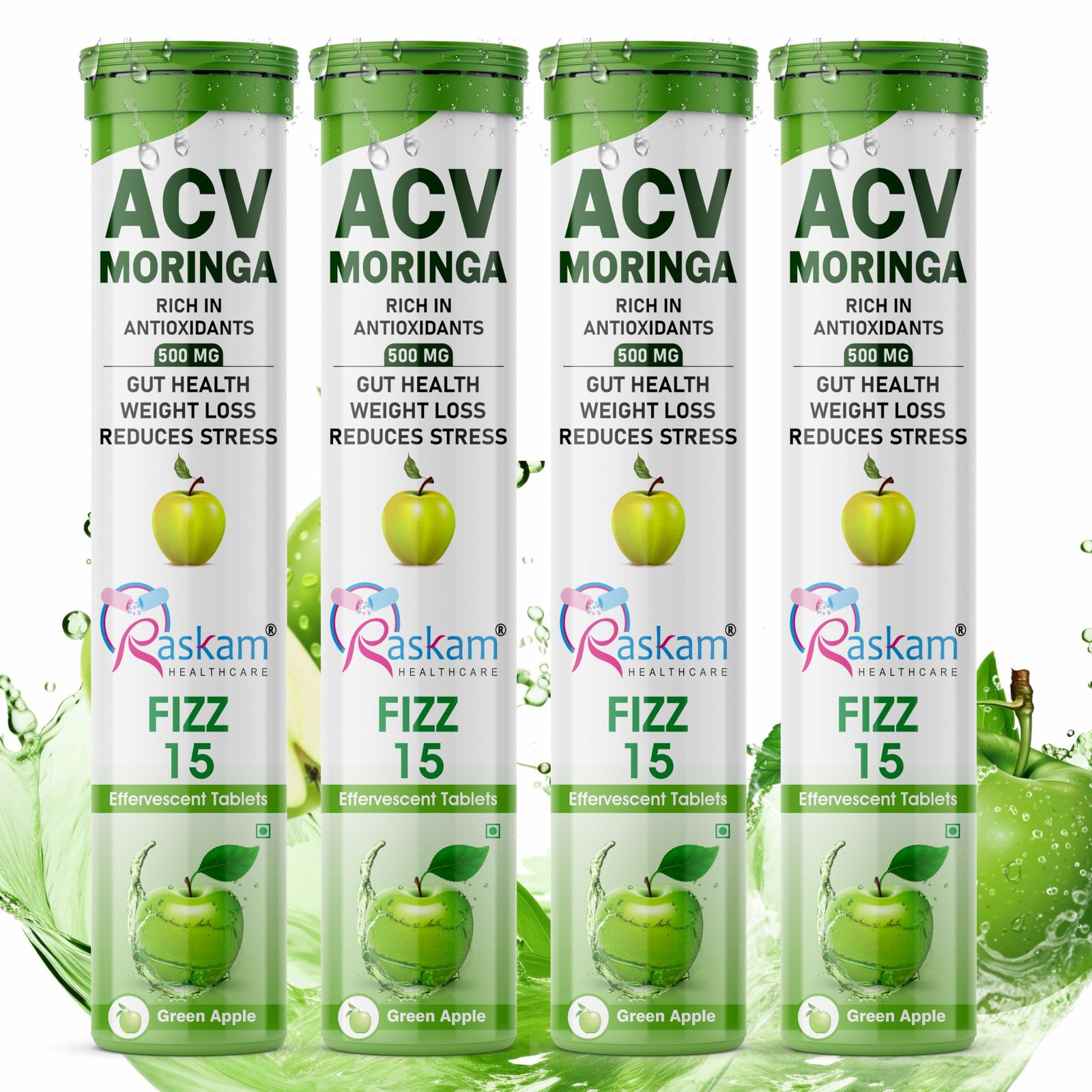 Healthcare ACV Moringa 15 Effervescent Tablets 500mg Apple Cider Vinegar With No Added Sugar For Gut Health | Immunity Booster | Weight Loss | (Pack of 4, Refreshing Green Apple Flavour)