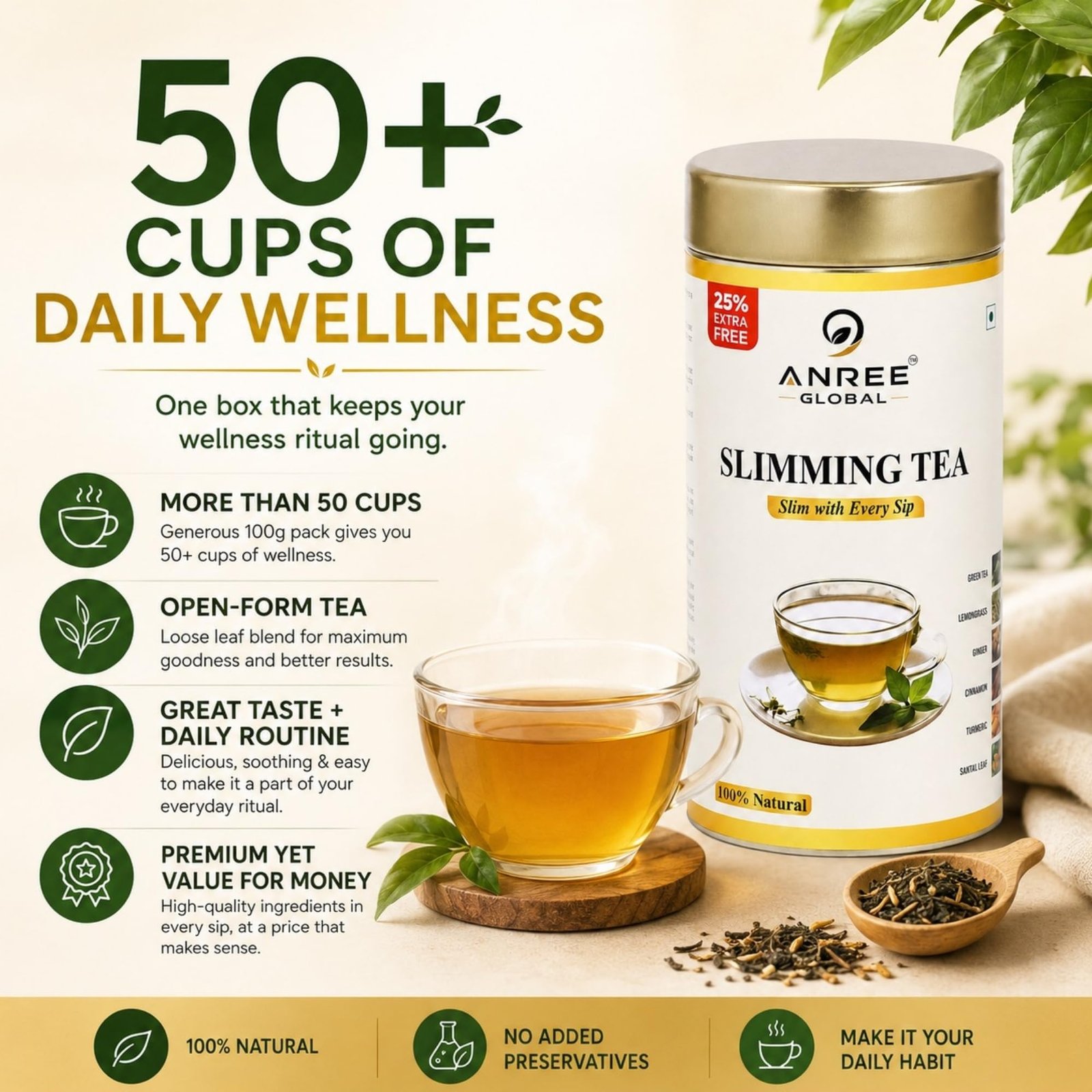 Herbal Wellness Tea Blend | Moringa, Ginger & Green Leaves | 100 gm-PO-3 - Image 2