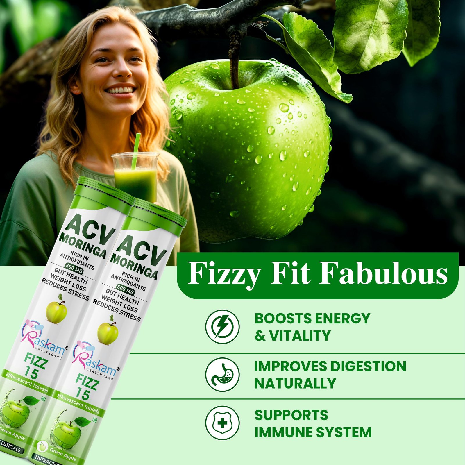 Healthcare ACV Moringa 15 Effervescent Tablets 500mg Apple Cider Vinegar With No Added Sugar For Gut Health | Immunity Booster | Weight Loss | (Pack of 4, Refreshing Green Apple Flavour) - Image 7