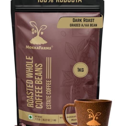 Roasted Whole Coffee Beans - 1kg | 100% Robusta | Dark Roast, Sundried/Cherry, A/AA Grade | Freshly Roast Estate Coffee | Strong Flavor & Aroma | Farm to Fork Quality