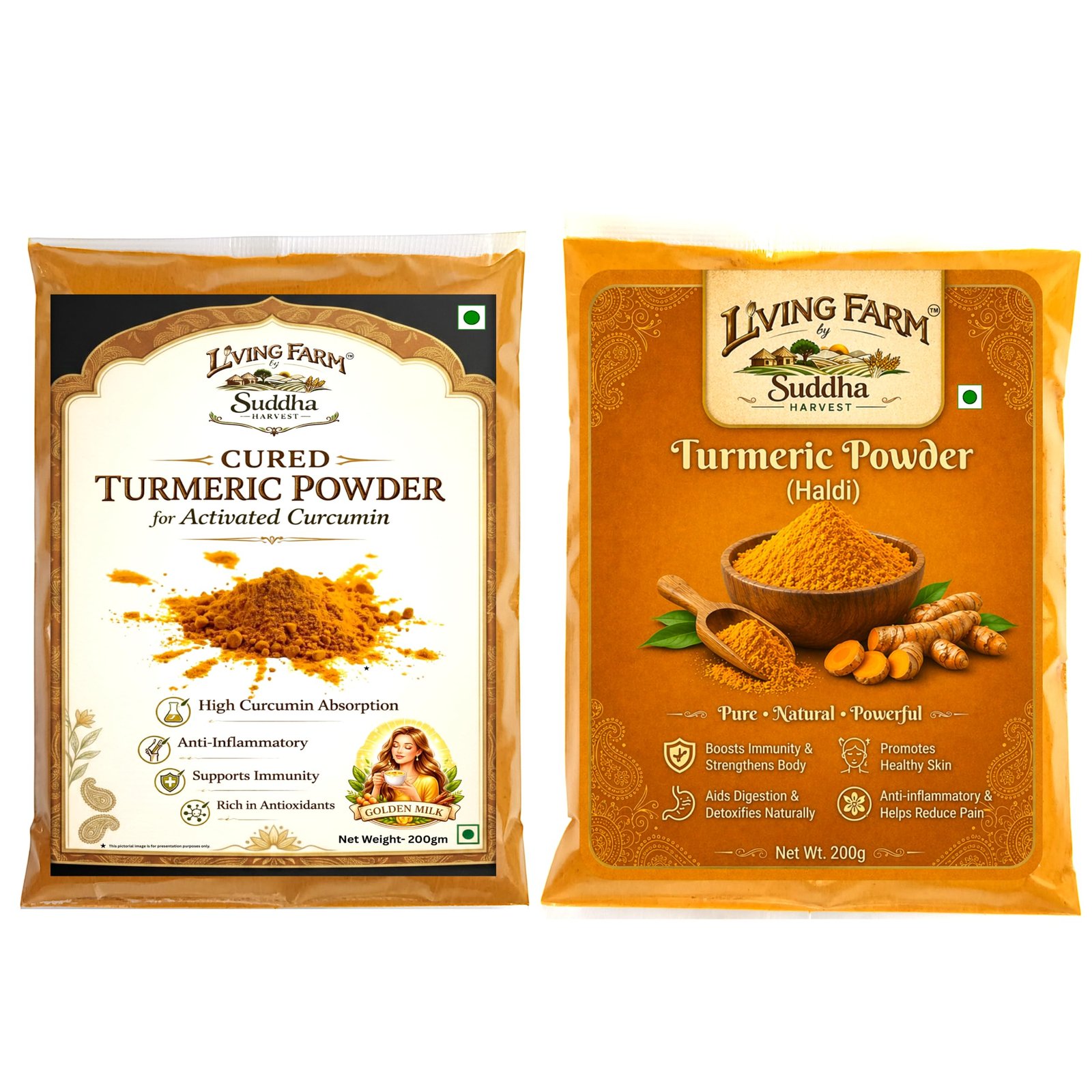 Village Culture Combo- Cured Turmeric Powder & Raw Turmeric Powder, Pack of 2- 200g Each (200X2)