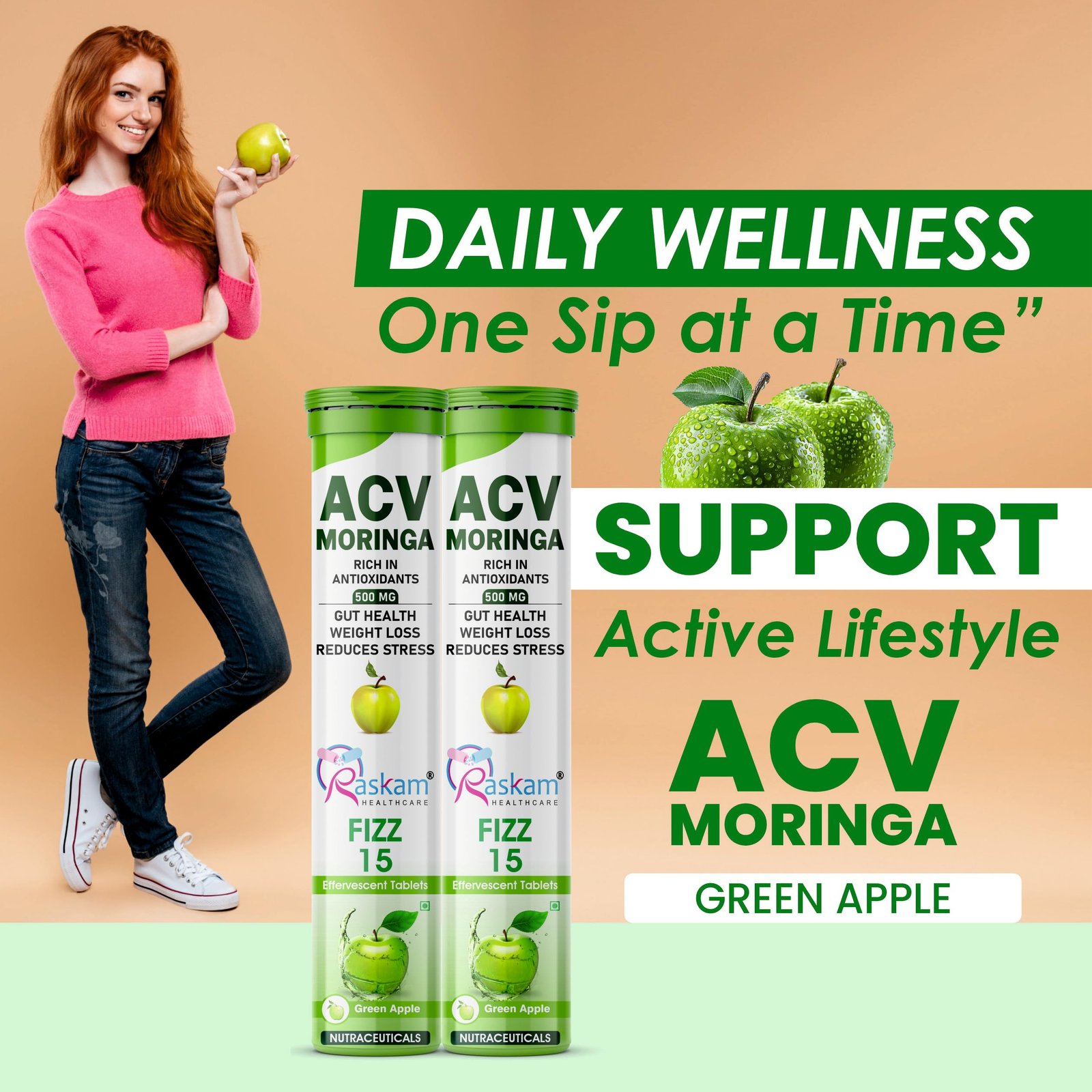 Healthcare ACV Moringa 15 Effervescent Tablets 500mg Apple Cider Vinegar With No Added Sugar For Gut Health | Immunity Booster | Weight Loss | (Pack of 4, Refreshing Green Apple Flavour) - Image 4