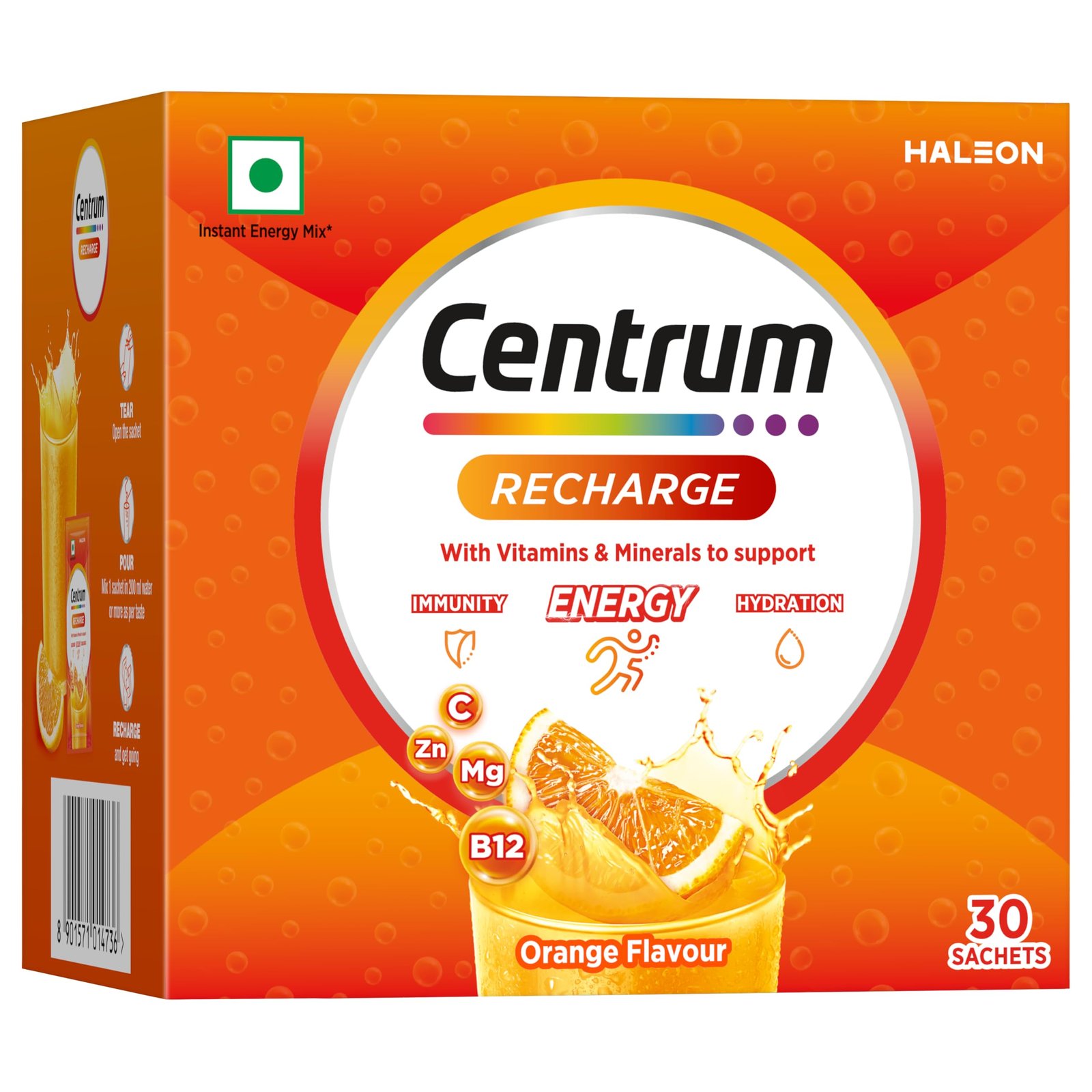 Recharge Energy Drink Mix with Vitamins & Minerals | For Energy, Hydration & Immunity | Vit. C, Vit. B12, Electrolytes, Magnesium, Biotin, Zinc & More | Orange Flavour - Pack of 30 Sachets - Image 2